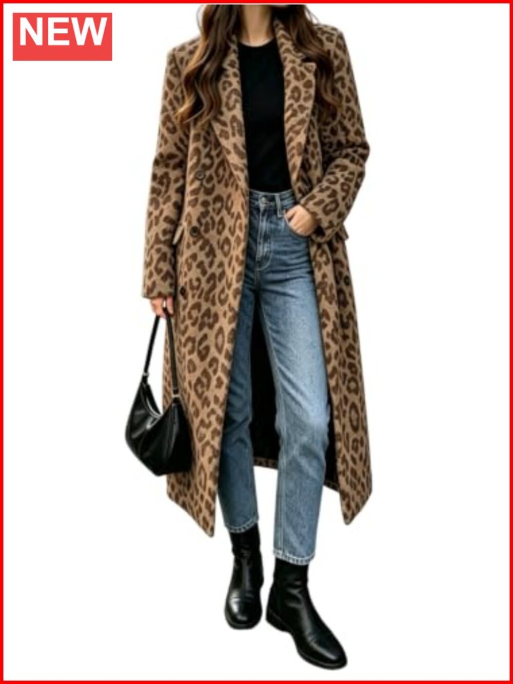 Womens Leopard Print Double Breasted Long Wool Pea Coat
